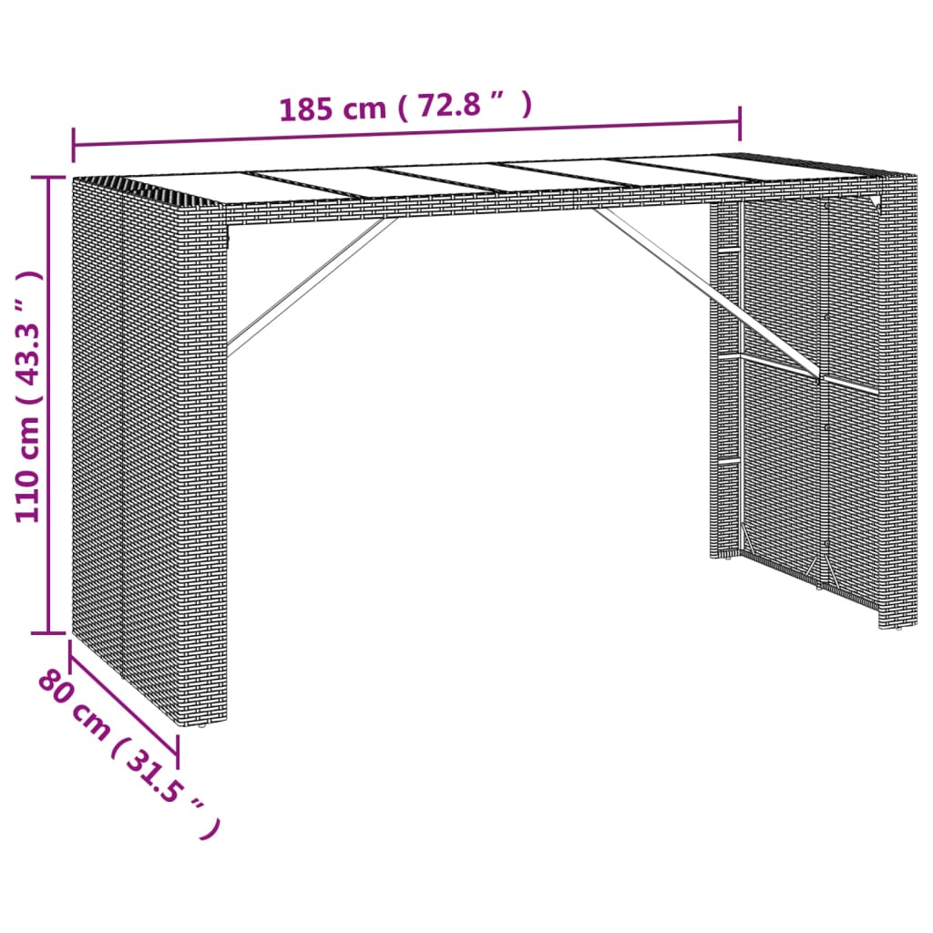 Barbord med glasplade grå 185x80x110 cm polyrattan