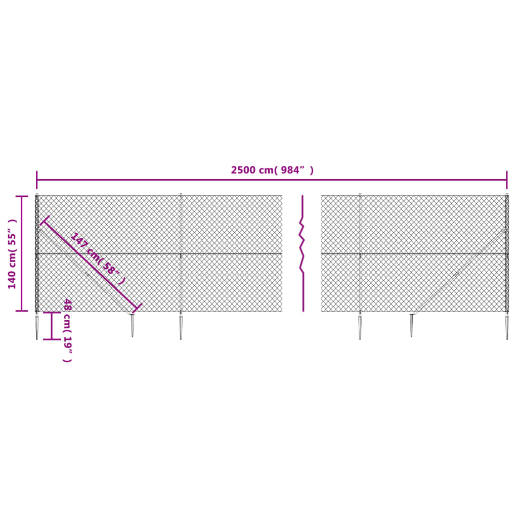 Maschendrahtzaun mit Bodenhülsen Silbern 1,4x25 m