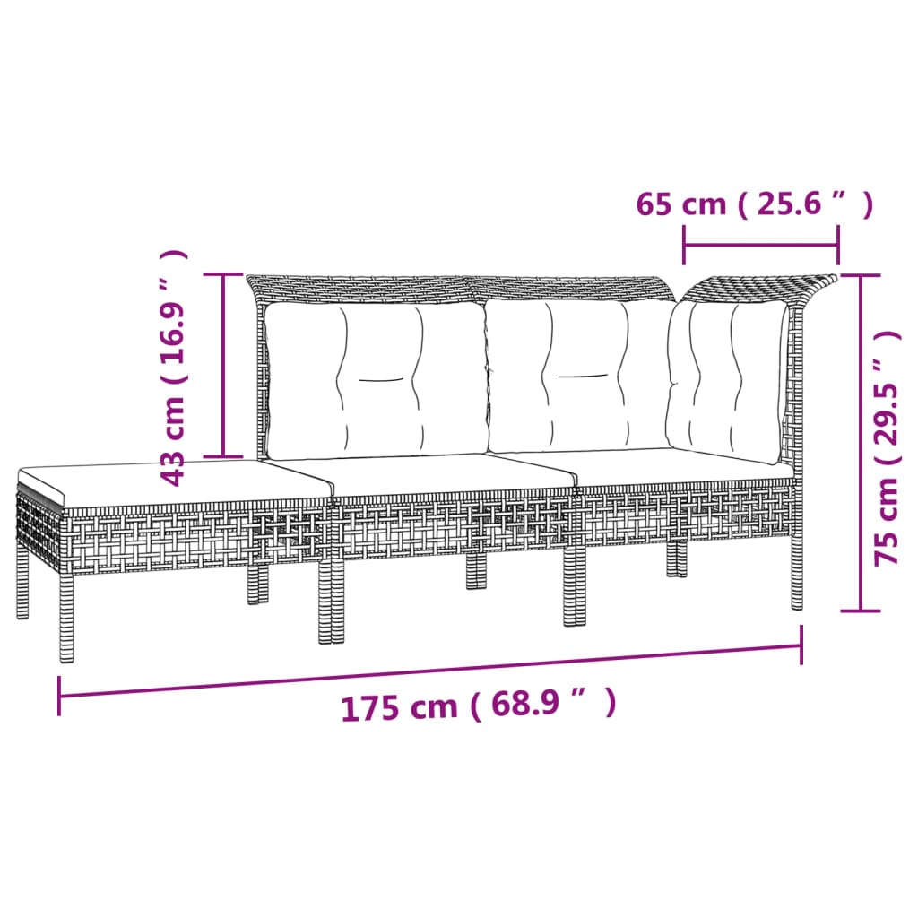 3-tlg. Garten-Lounge-Set mit Kissen Grau Poly Rattan