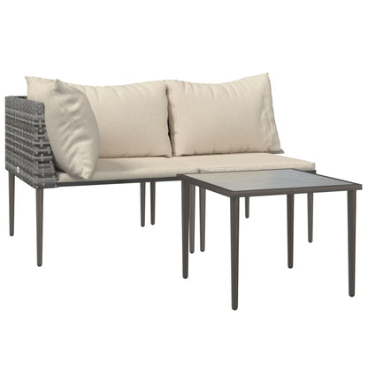 3-tlg. Garten-Lounge-Set mit Kissen Grau Poly Rattan