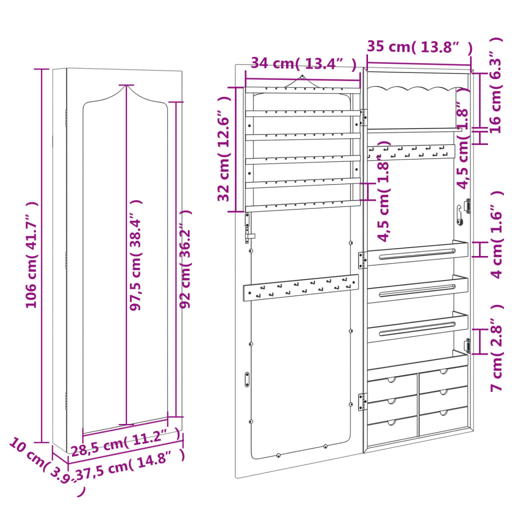 Schmuckschrank mit Spiegel Wandmontage Weiß 37,5x10x106 cm