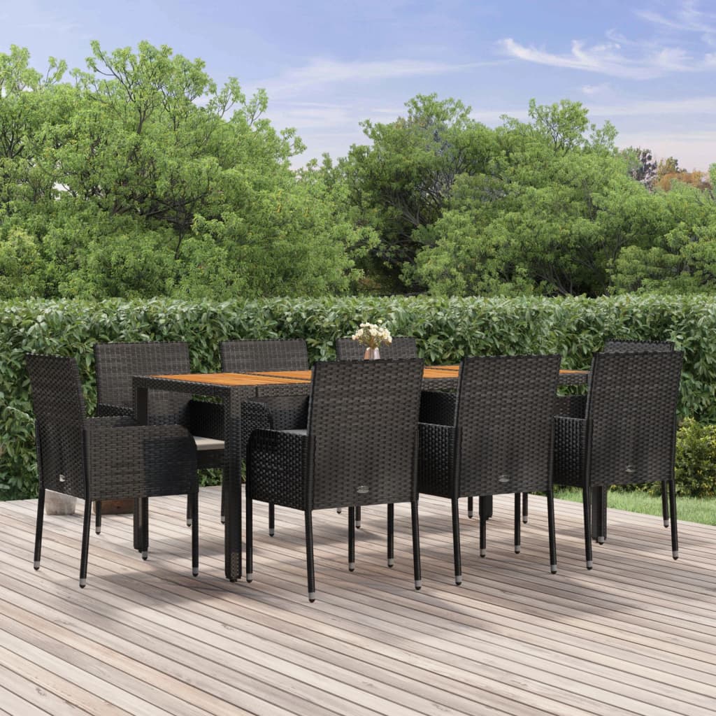 9-tlg. Garten-Essgruppe mit Kissen Schwarz Poly Rattan