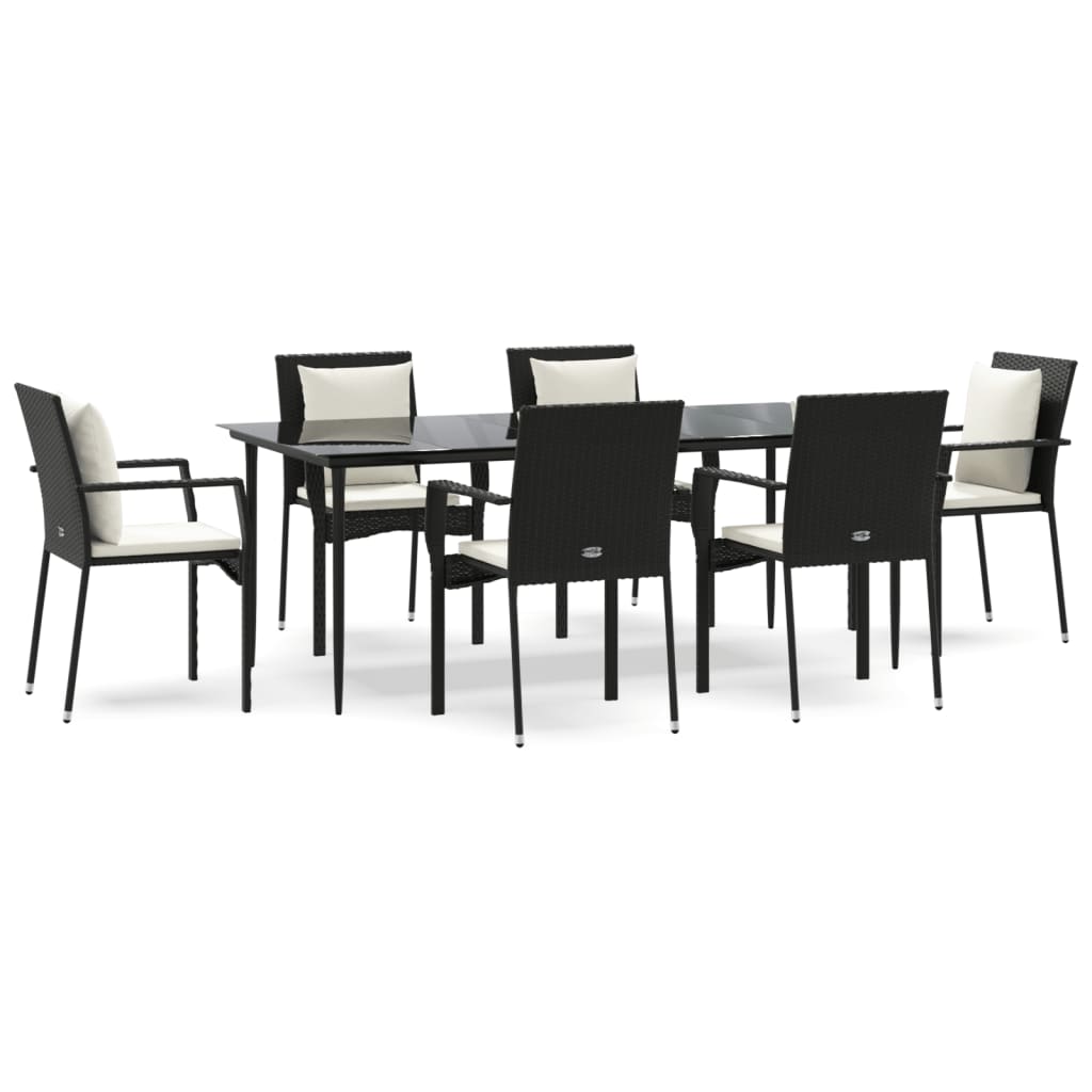 7-tlg. Garten-Essgruppe mit Kissen Schwarz Poly Rattan