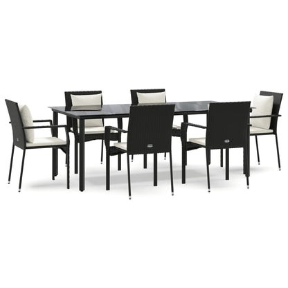 7-tlg. Garten-Essgruppe mit Kissen Schwarz Poly Rattan