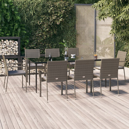 9-tlg. Garten-Essgruppe mit Kissen Schwarz und Grau Poly Rattan