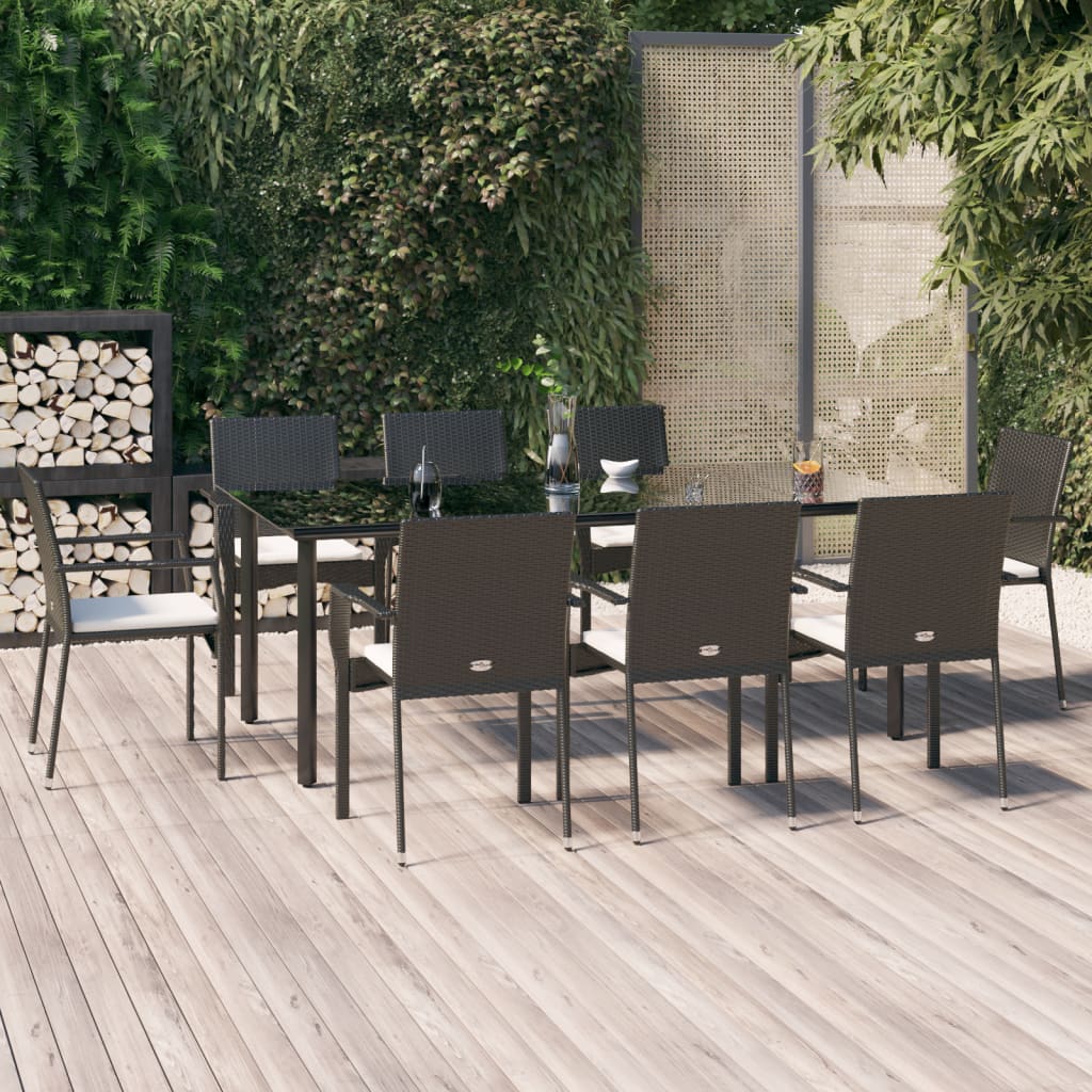 9-tlg. Garten-Essgruppe mit Kissen Schwarz Poly Rattan