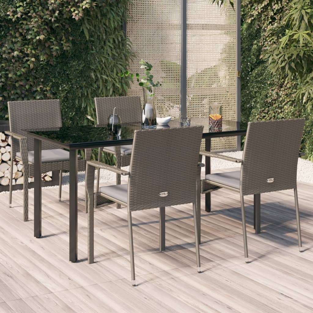 5-tlg. Garten-Essgruppe mit Kissen Schwarz und Grau Poly Rattan
