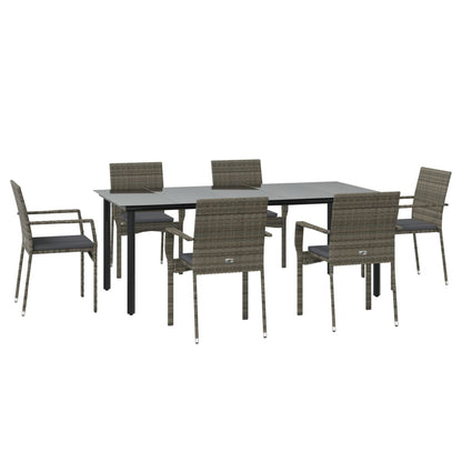 7-tlg. Garten-Essgruppe mit Kissen Schwarz und Grau Poly Rattan