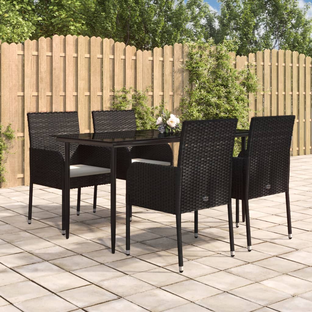 5-tlg. Garten-Essgruppe mit Kissen Schwarz Poly Rattan