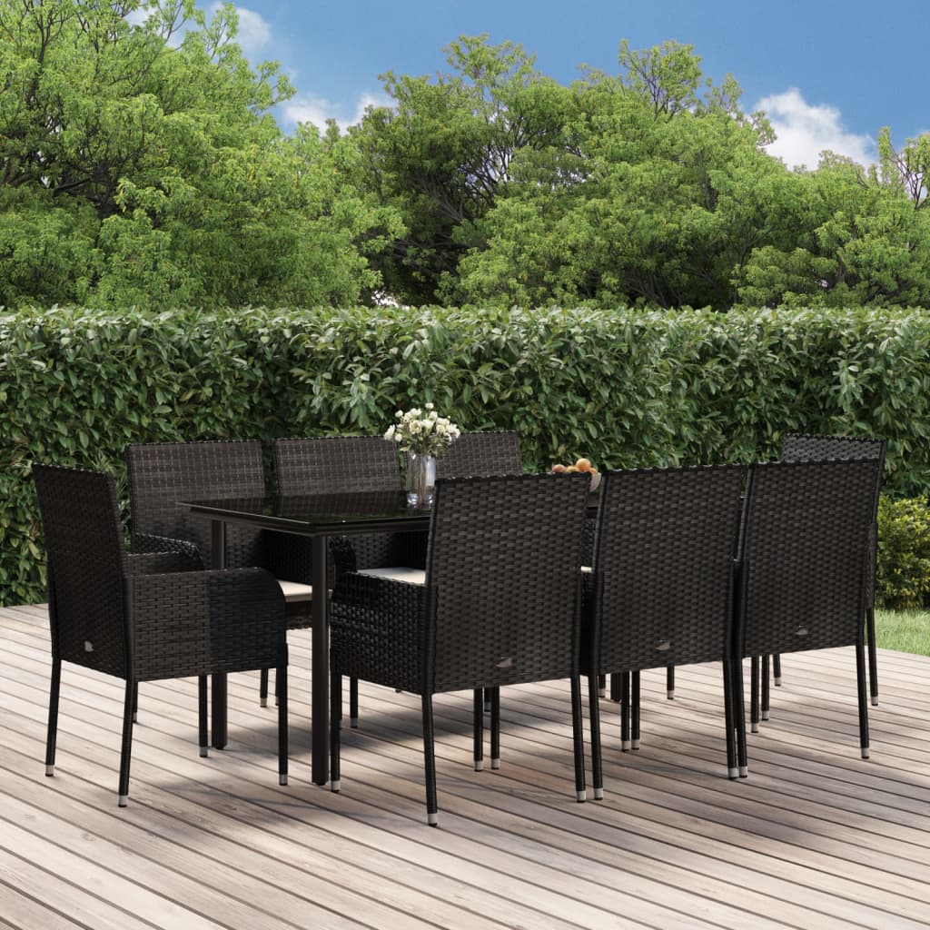 9-tlg. Garten-Essgruppe mit Kissen Schwarz Poly Rattan