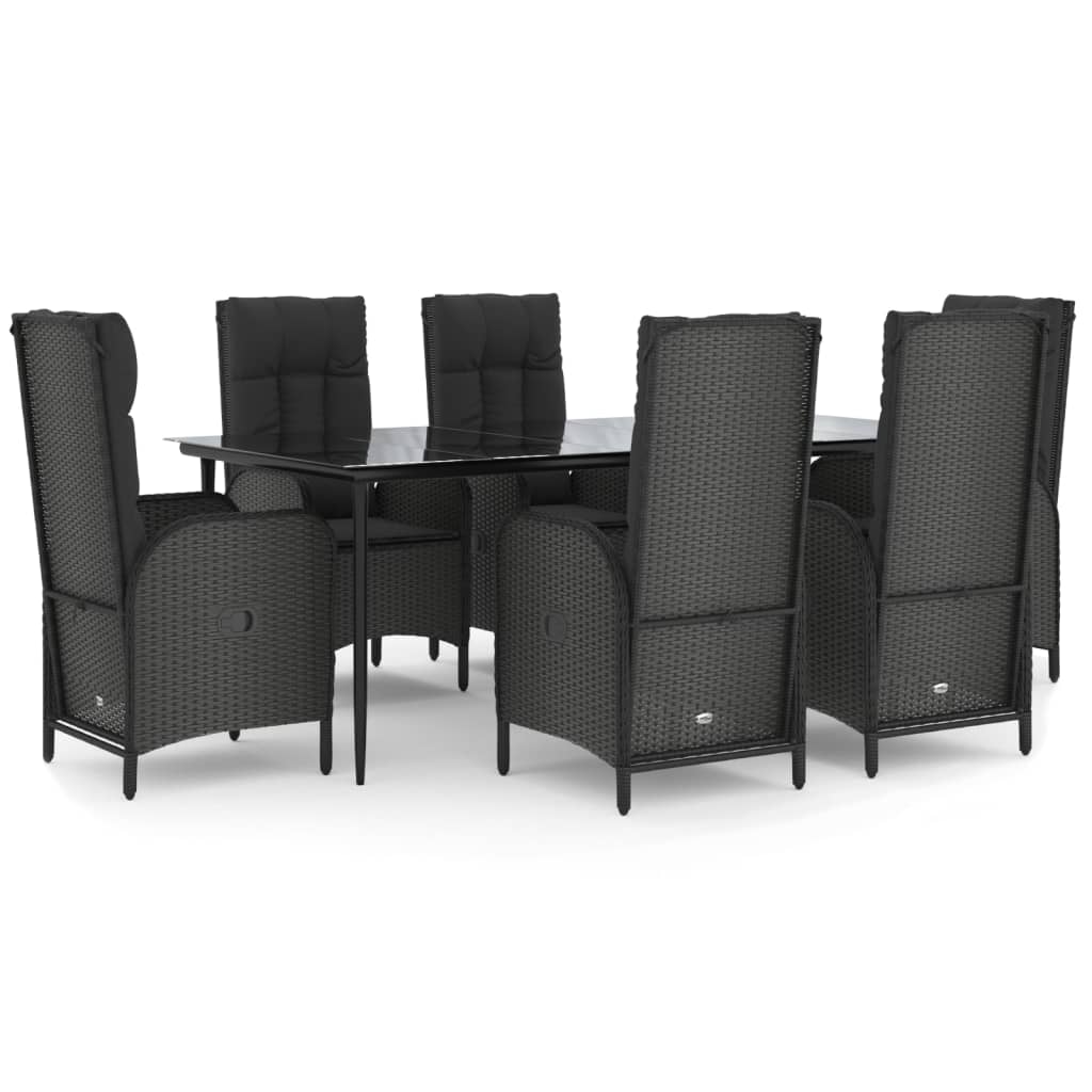 7-tlg. Garten-Essgruppe mit Kissen Schwarz Poly Rattan