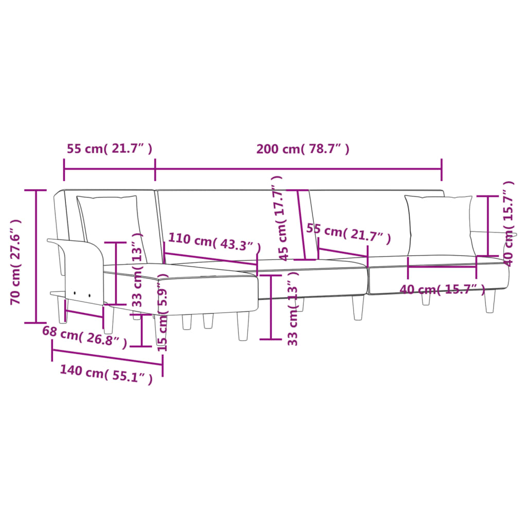 Schlafsofa in L-Form Schwarz 279x140x70 cm Stoff