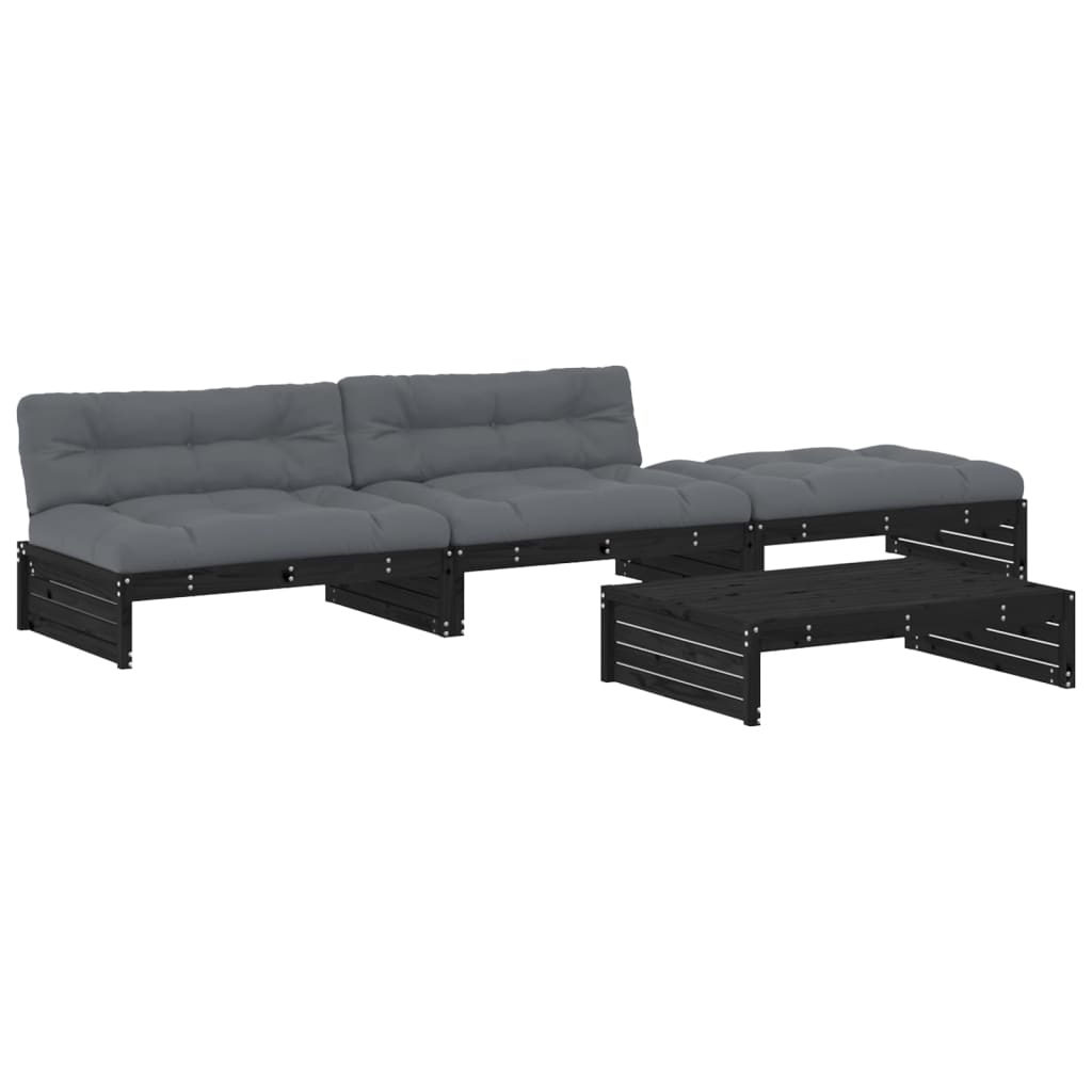 4-tlg. Garten-Lounge-Set mit Kissen Schwarz Massivholz