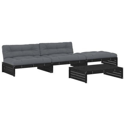 4-tlg. Garten-Lounge-Set mit Kissen Schwarz Massivholz