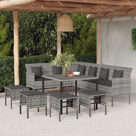 6-tlg. Garten-Essgruppe mit Kissen Grau Poly Rattan