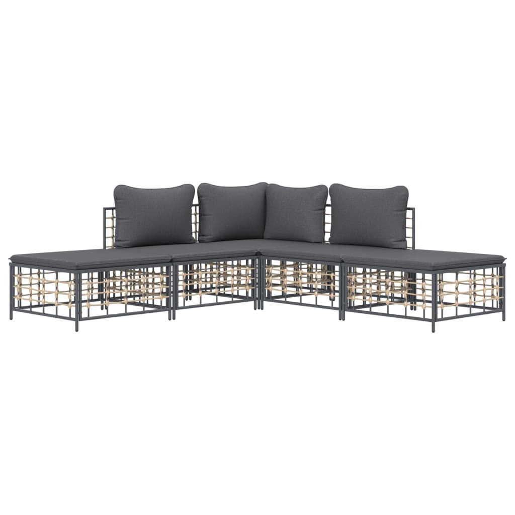 5-tlg. Garten-Lounge-Set mit Kissen Anthrazit Poly Rattan