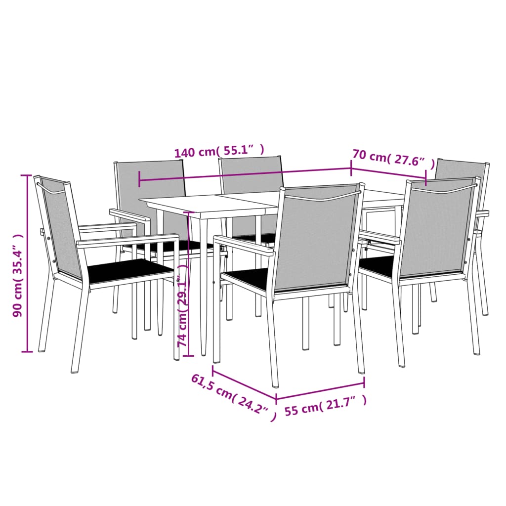 7-tlg. Garten-Essgruppe Schwarz Textilene und Stahl
