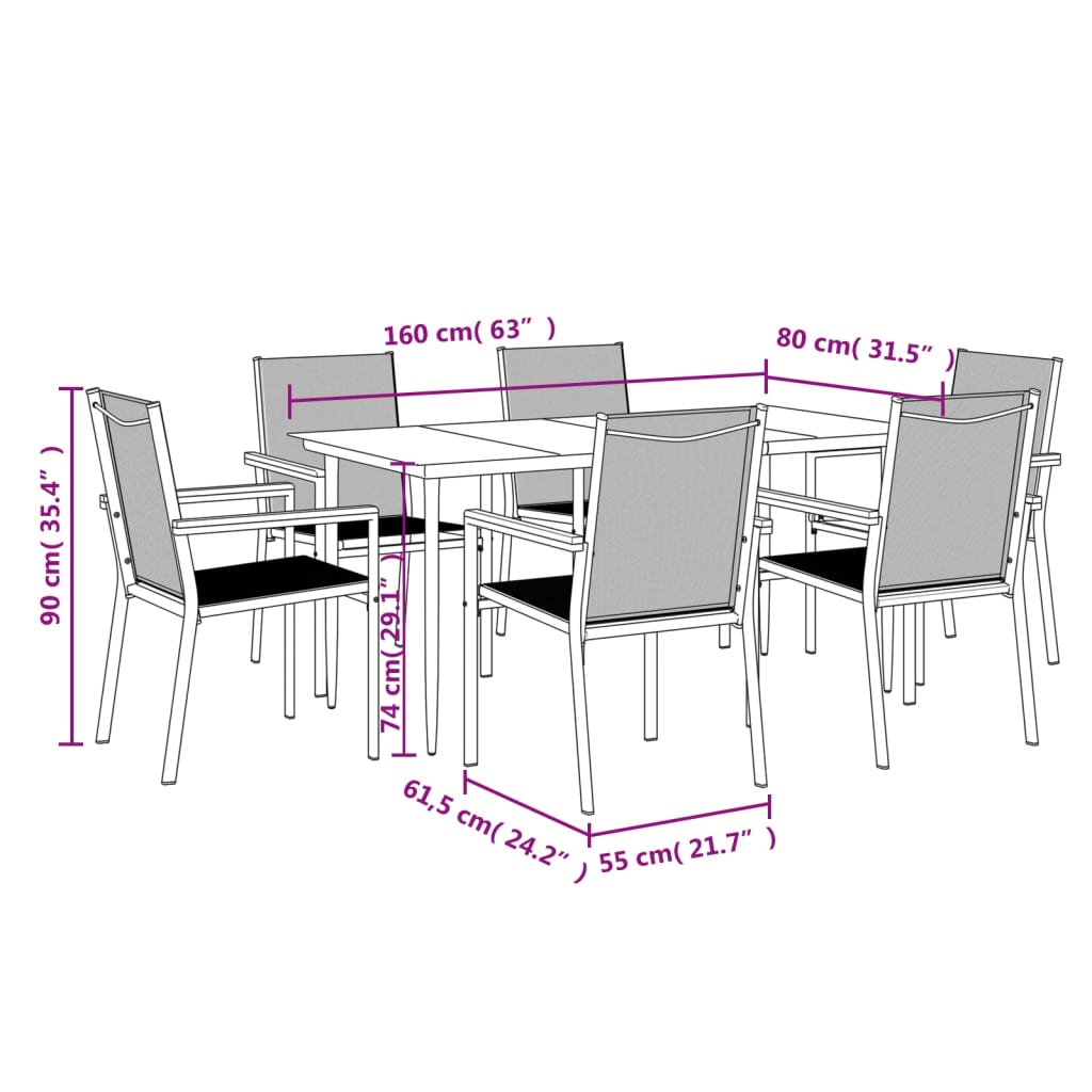 7-tlg. Garten-Essgruppe Schwarz Textilene und Stahl