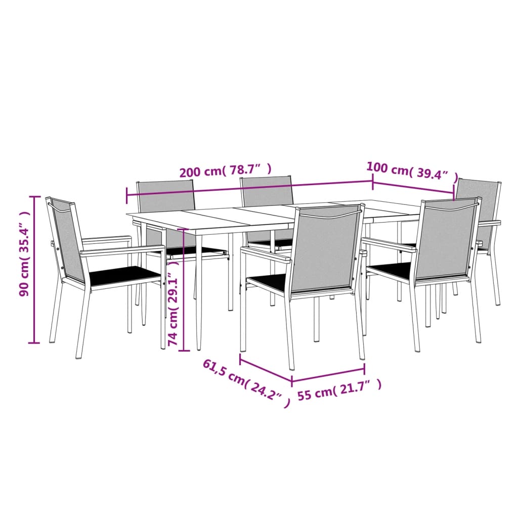 7-tlg. Garten-Essgruppe Schwarz Textilene und Stahl