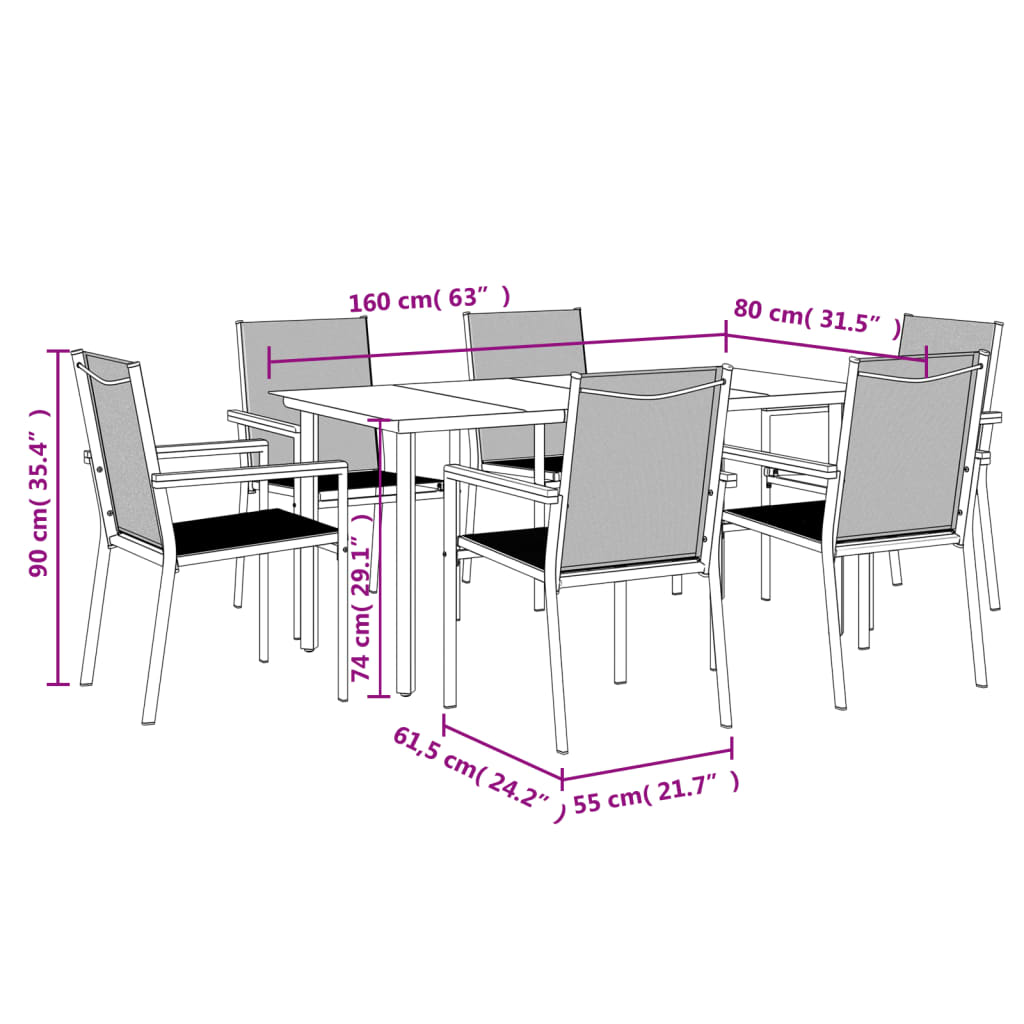 7-tlg. Garten-Essgruppe Schwarz Textilene und Stahl