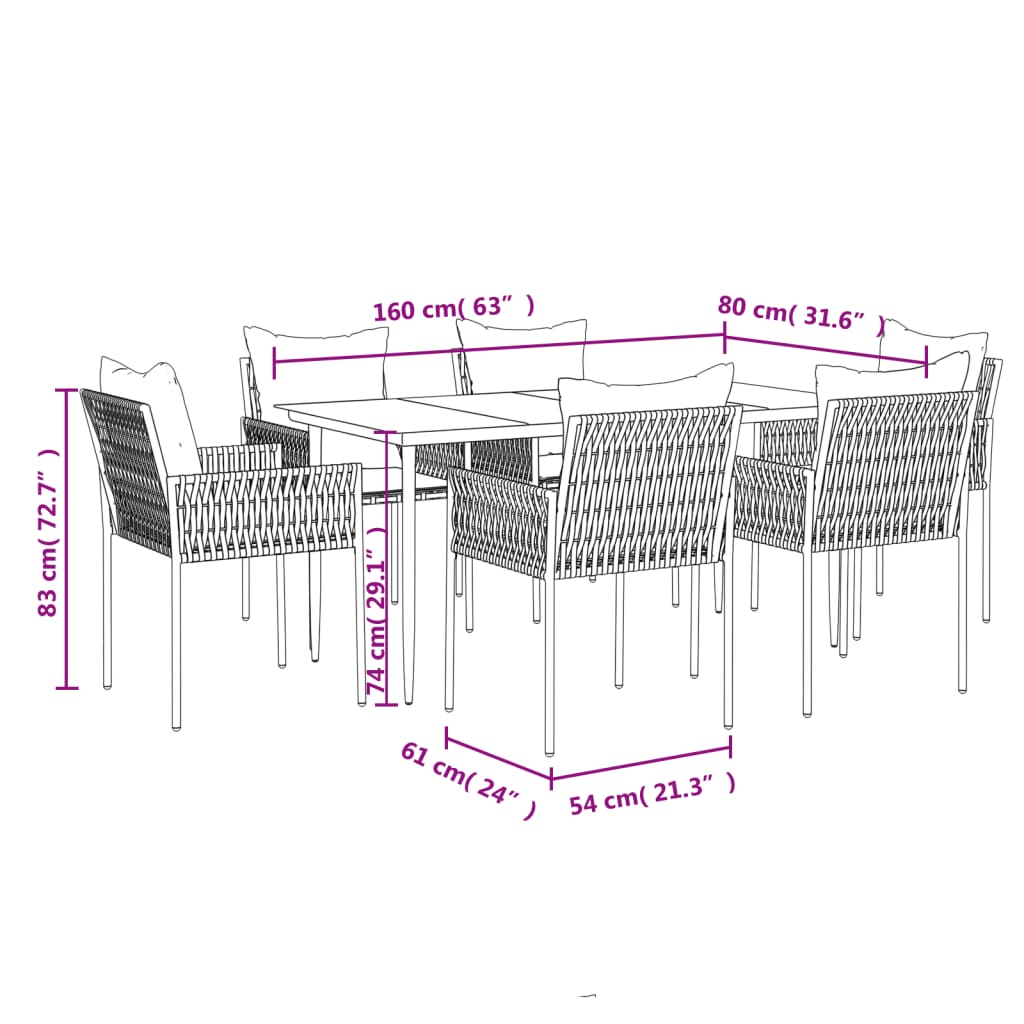 7-tlg. Garten-Essgruppe mit Kissen Poly Rattan und Stahl