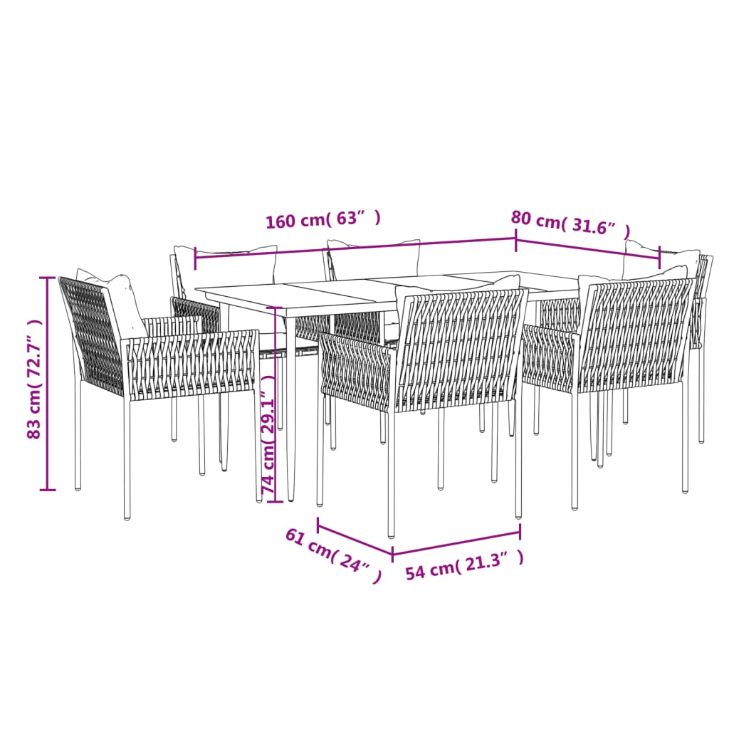 7-tlg. Garten-Essgruppe mit Kissen Poly Rattan und Stahl