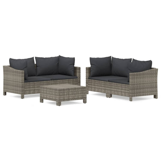 5-tlg. Garten-Lounge-Set mit Kissen Grau Poly Rattan