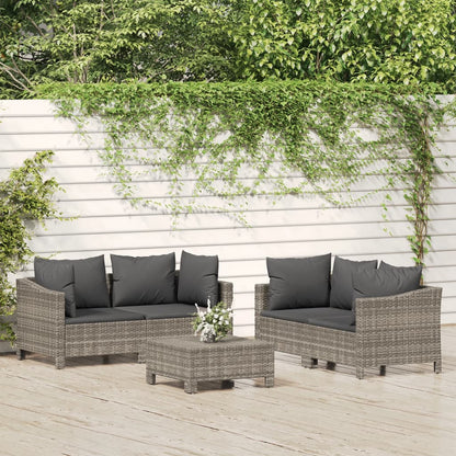 5-tlg. Garten-Lounge-Set mit Kissen Grau Poly Rattan