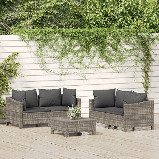 5-tlg. Garten-Lounge-Set mit Kissen Grau Poly Rattan