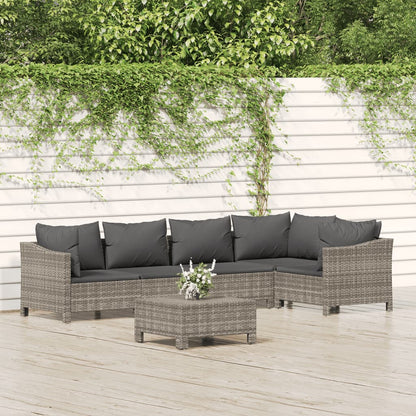 6-tlg. Garten-Lounge-Set mit Kissen Grau Poly Rattan