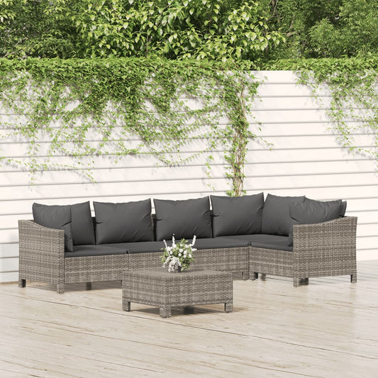 6-tlg. Garten-Lounge-Set mit Kissen Grau Poly Rattan