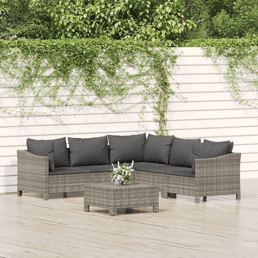 6-tlg. Garten-Lounge-Set mit Kissen Grau Poly Rattan