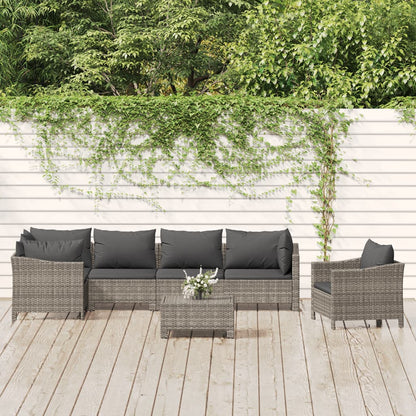 7-tlg. Garten-Lounge-Set mit Kissen Grau Poly Rattan