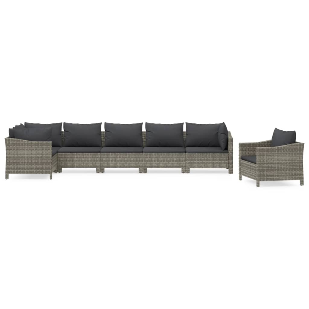 7-tlg. Garten-Lounge-Set mit Kissen Grau Poly Rattan