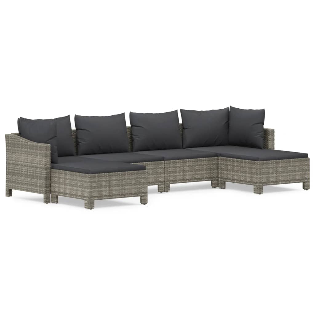 6-tlg. Garten-Lounge-Set mit Kissen Grau Poly Rattan