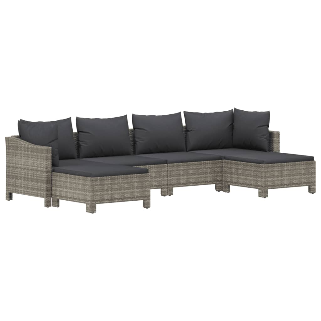 6-tlg. Garten-Lounge-Set mit Kissen Grau Poly Rattan