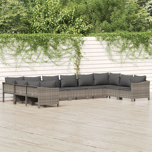 10-tlg. Garten-Lounge-Set mit Kissen Grau Poly Rattan