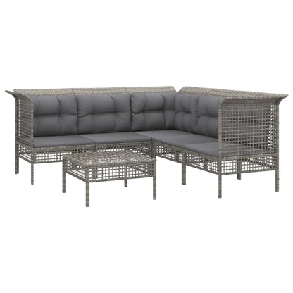6-tlg. Garten-Lounge-Set mit Kissen Grau Poly Rattan