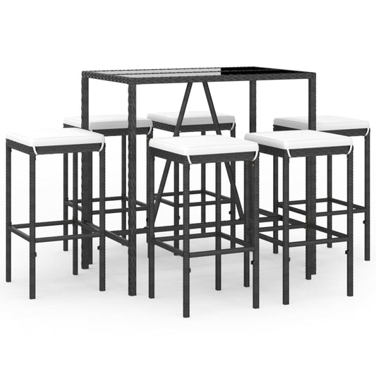 7-tlg. Gartenbar-Set mit Kissen Schwarz Poly Rattan