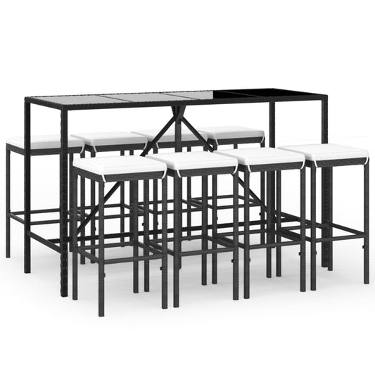 9-tlg. Gartenbar-Set mit Kissen Schwarz Poly Rattan