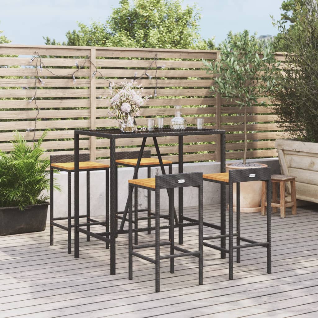 5-tlg. Gartenbar-Set Schwarz Poly Rattan & Massivholz Akazie