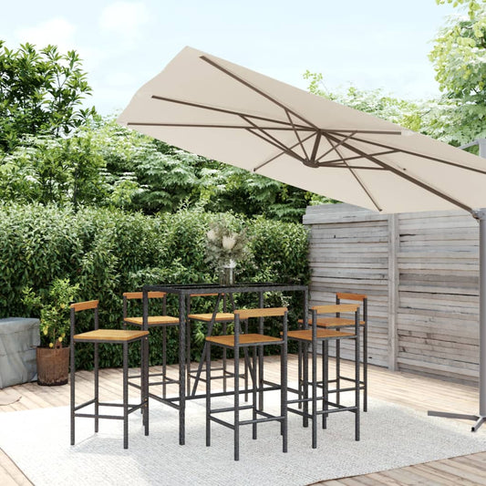 7-tlg. Gartenbar-Set Schwarz Poly Rattan & Massivholz Akazie
