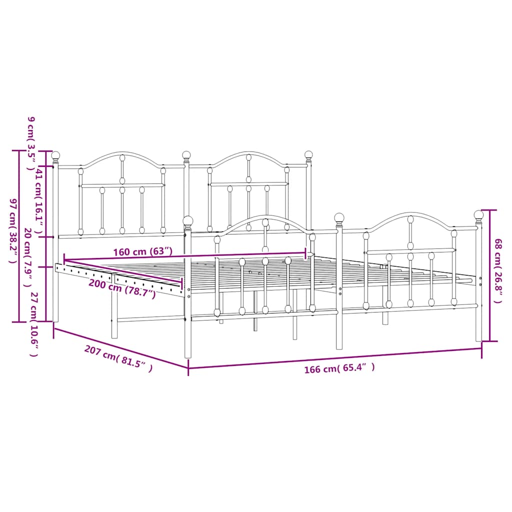 Bettgestell mit Kopf- und Fußteil Metall Weiß 160x200 cm