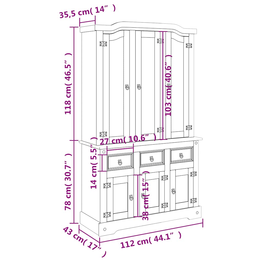Highboard Corona 112x43x196 cm Massivholz Mexikanische Kiefer