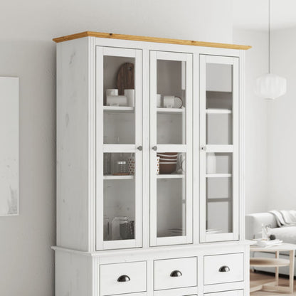 Vitrinenschrank mit Glastüren BODO Weiß und Braun Kiefernholz