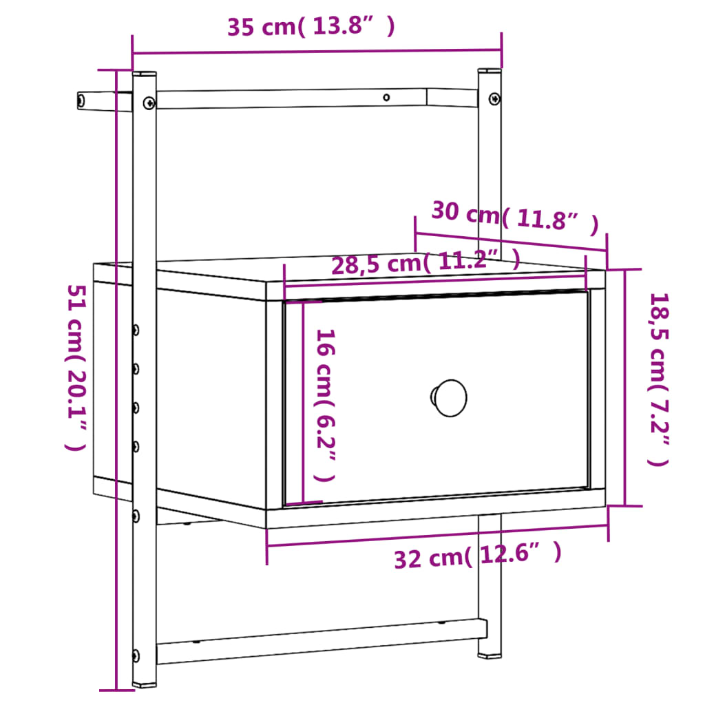 Wand-Nachttisch Grau Sonoma 35x30x51 cm Holzwerkstoff