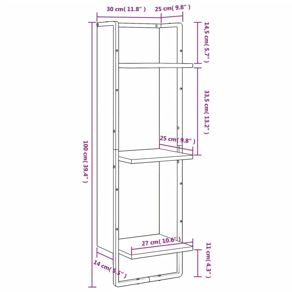 Wandregal 3 Fächer Sonoma-Eiche 30x25x100 cm Holzwerkstoff