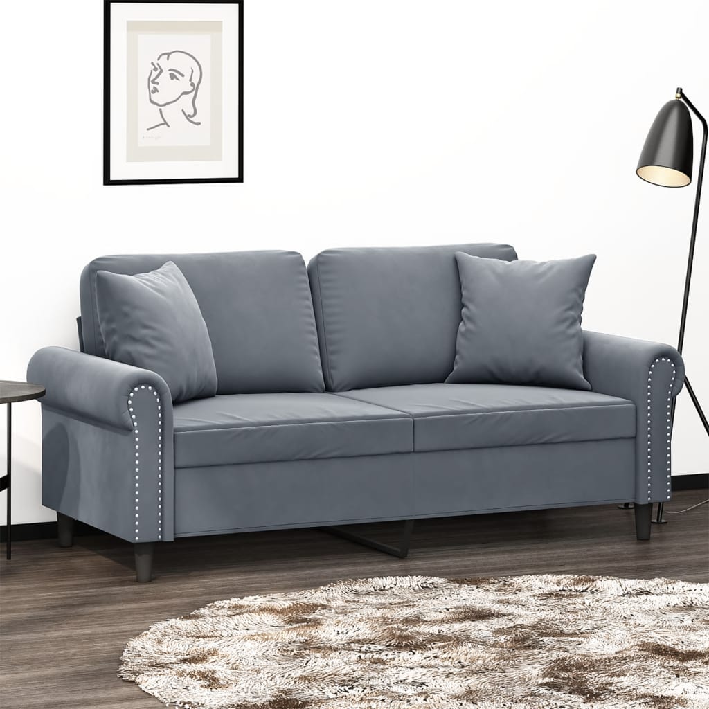 2-personers sofa med pyntepuder mørkegrå 140 cm fløjl