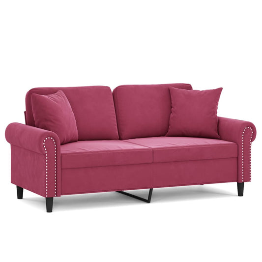 2-personers sofa med pyntepuder vinrød 140 cm fløjl