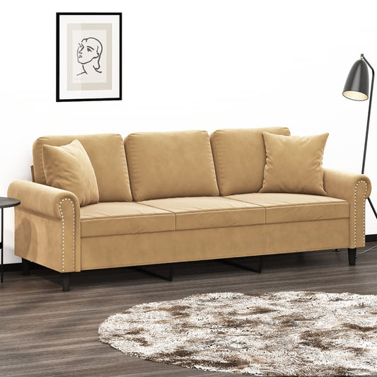 3-personers sofa med pyntepuder brun 180 cm fløjl